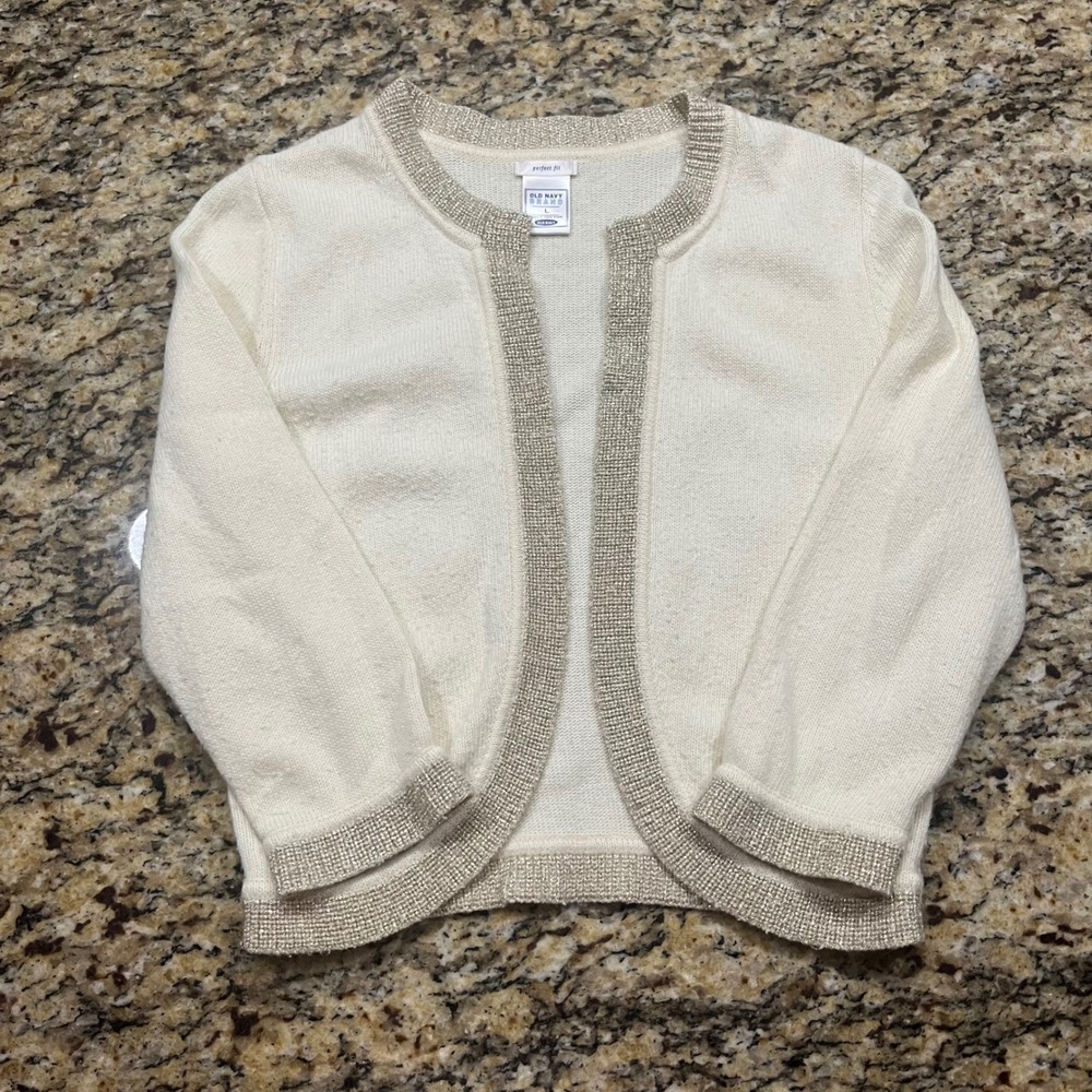 Vintage‎ Old Navy Womens Cream Gold Metallic Trim Open Front Cardigan Sweater L
